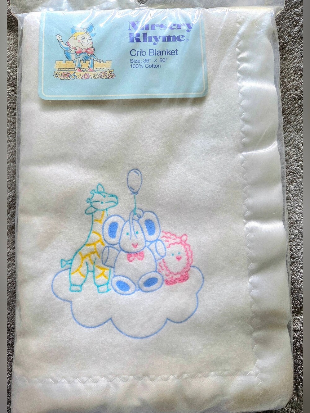 Vintage Crib Blanket Cotton Satin Trim Nursery Rhyme 36 X 50" White  Animals NIP